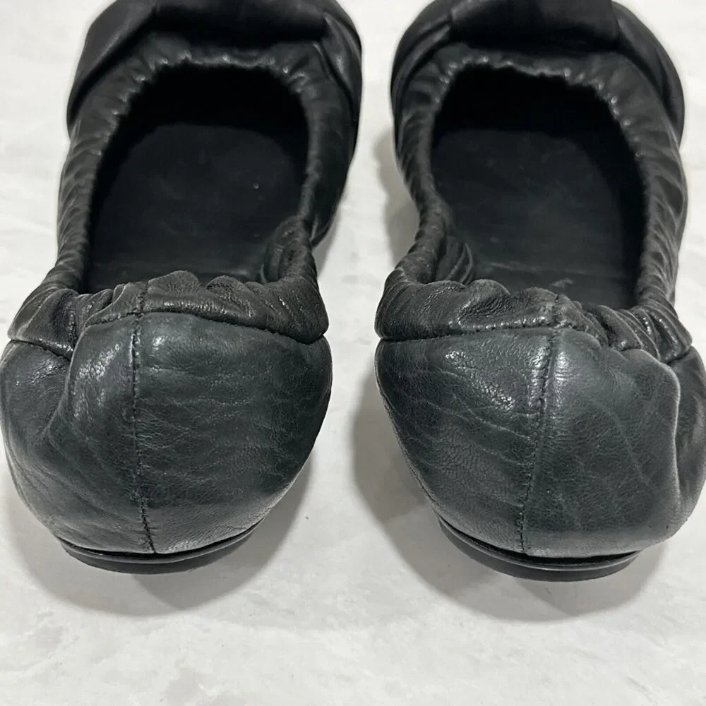 TORY BURCH KATIE BLACK LEATHER GOLD GLITTER TOES BALLET FLATS,Size 7 M EUC